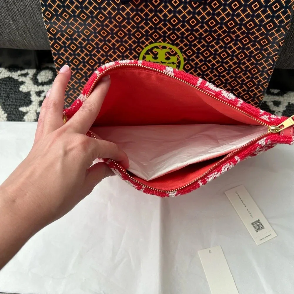 Tory Burch T Monogram Terry Pouch Wristlet Strawberry Red White Gold
